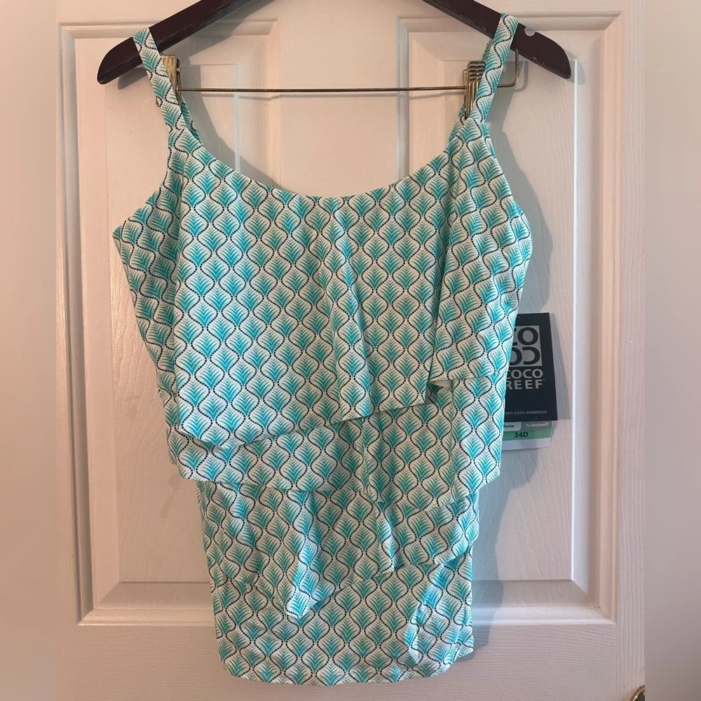 NWT COCO REEF 34D Siren Aura Ruffle Underwire Tankini Top Blue Green Geometric